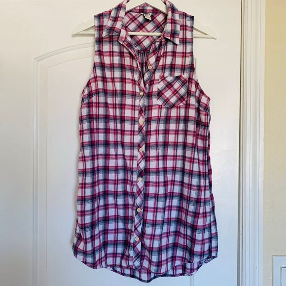 Forever 21 Red, Navy & White Plaid Flannel Button-Down Tunic Tank Shirt | Size L - Picture 1 of 10